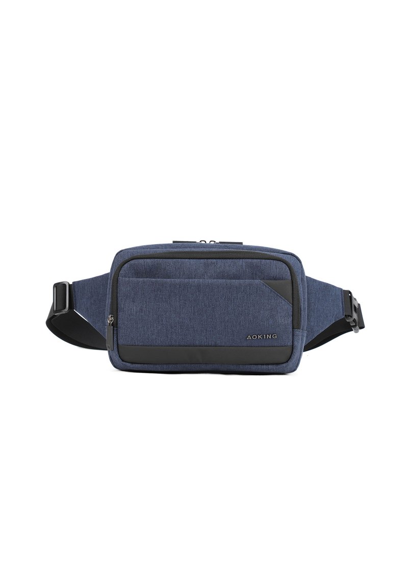 Borsa a tracolla in tessuto blu con accenti neri, chiusura con cerniera, tracolla regolabile e tasca anteriore per riporre oggetti.