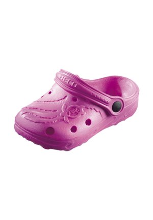 Pinkfarbener leichter Clog mit Lüftungslöchern, verstellbarem Fersenriemen und geprägt Schildkrötenmotiv oben.