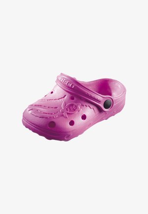 Pinkfarbener leichter Clog mit Lüftungslöchern, verstellbarem Fersenriemen und geprägt Schildkrötenmotiv oben.