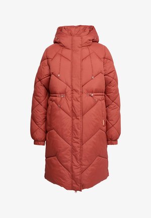 Rode gewatteerde pufferjas met capuchon, voorzien van een getailleerde taille, twee voorkwamen en vetersluitingdetails. Gladde textuur en lange mouwen.