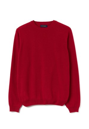 Maglione rosso a girocollo realizzato in materiale morbido. Presenta maniche lunghe e polsini e orlo a coste. Design semplice senza motivi o accenti aggiuntivi.