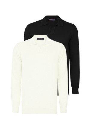 Deux pulls polo à manches longues : un noir et un écru. Tous deux présentent une coupe décontractée, un col et des poignets côtelés. Tissu en tricot texturé.