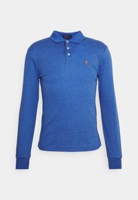 Blue long-sleeve polo shirt with collar and three buttons, featuring a small embroidered logo on the left chest.