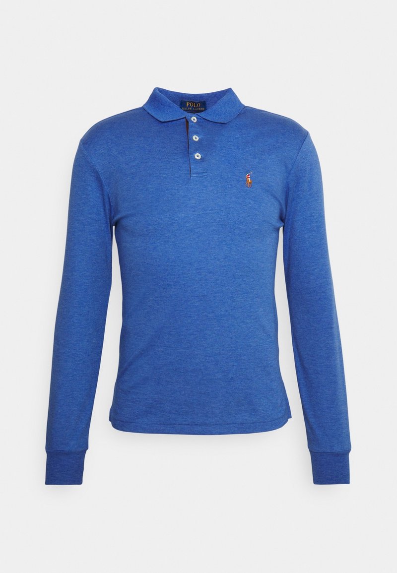 Blue long-sleeve polo shirt with collar and three buttons, featuring a small embroidered logo on the left chest.