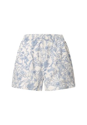Pantalones cortos con estampado floral en tejido blanco con diseños botánicos azules. Cuenta con una cintura elástica y un ajuste relajado, adecuado para un uso casual.
