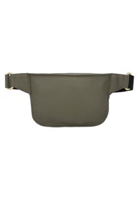 Borsa in pelle verde oliva a tracolla con cinturino nero regolabile e anelli in metallo dorato, forma rettangolare con angoli inferiori arrotondati.