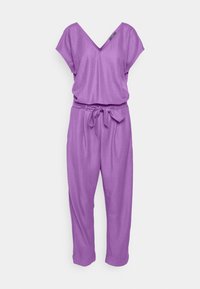 Combinaison violette avec un col en V, des manches courtes, une taille avec un cordon et des jambes fuselées. Fabriquée en tissu doux, elle présente une coupe décontractée.