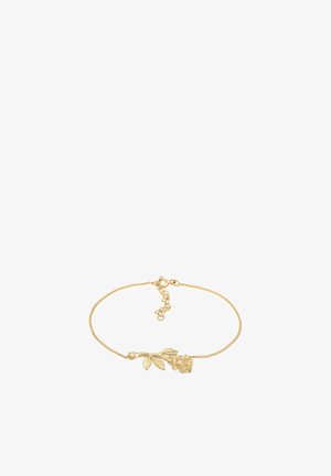 Armbånd i guldfarve med en tekstureret kæde, et blomsterdesign med en rose og blade, sikker lås med hummerlås, justerbar længde.