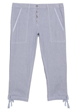Pantalones cortos de color gris claro con bragueta abotonada, bolsillos aplicados delanteros, costuras blancas y bajos anudados en los tobillos.