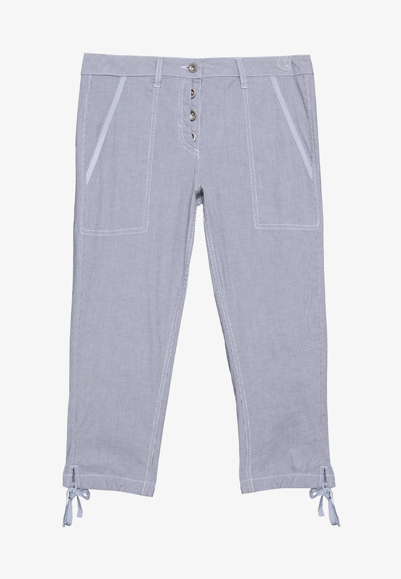 Pantalon court gris clair avec braguette boutonnée, poches plaquées à l’avant, coutures blanches et bas noués aux chevilles.