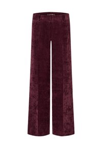 Brede broek met een bordeauxkleurige corduroy stof. Beschikt over verticale ribbels, een platte voorkant en een gladde tailleband met riemlussen.