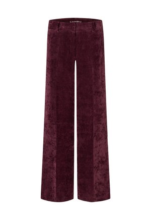 Brede broek met een bordeauxkleurige corduroy stof. Beschikt over verticale ribbels, een platte voorkant en een gladde tailleband met riemlussen.