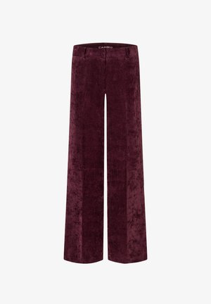 Pantalons à jambes larges en velours côtelé bordeaux. Présente des côtes verticales, un devant plat et une taille lisse avec passants de ceinture.