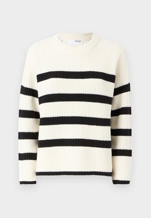Cream sweater with wide black stripes, ribbed texture, and a crew neckline. Long sleeves with black cuffs.