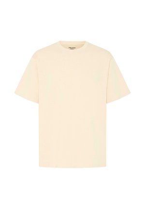 T-shirt beige à manches courtes avec col rond, coupe décontractée, sans motifs ni logos visibles sur le devant.