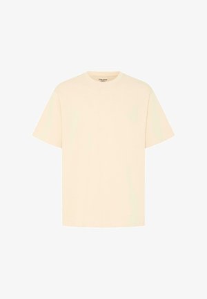 T-shirt beige à manches courtes avec col rond, coupe décontractée, sans motifs ni logos visibles sur le devant.