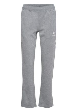 Lysegrå, lige skåret sportsbukser med elastisk linning og hvidt logo samt chevronstriber på siderne.