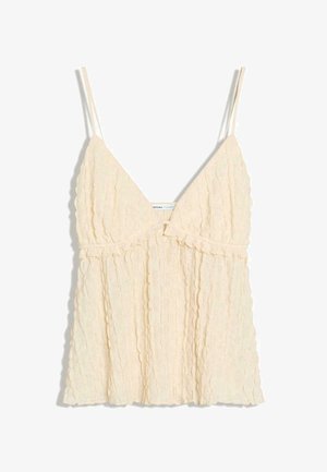Top camisola crem fără mâneci din dantelă, cu bretele subțiri și decolteu în V, cu un model vertical texturat.