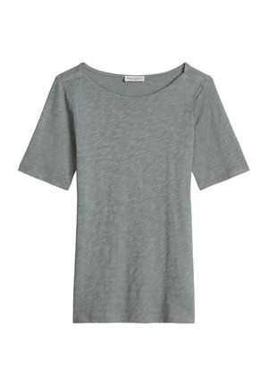 T-shirt gris clair à manches courtes, col rond, avec une texture chinée subtile et une petite étiquette de marque à l'encolure.