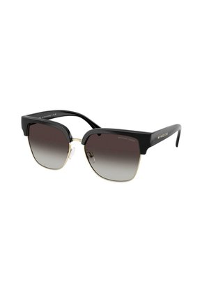 Gafas de sol Michael Kors de media montura en negro y dorado con lentes oscuros degradados y patillas negras gruesas con el logo de la marca.
