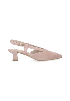 Light pink suede slingback shoe with pointed toe, low flared heel, and adjustable buckle strap on white background.