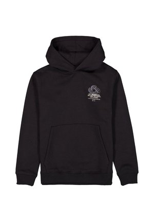 Zwarte hoodie met voorzak en kleine witte tekst en ontwerp op de linkerborst met de tekst "Off the record beyond the track unplugged."