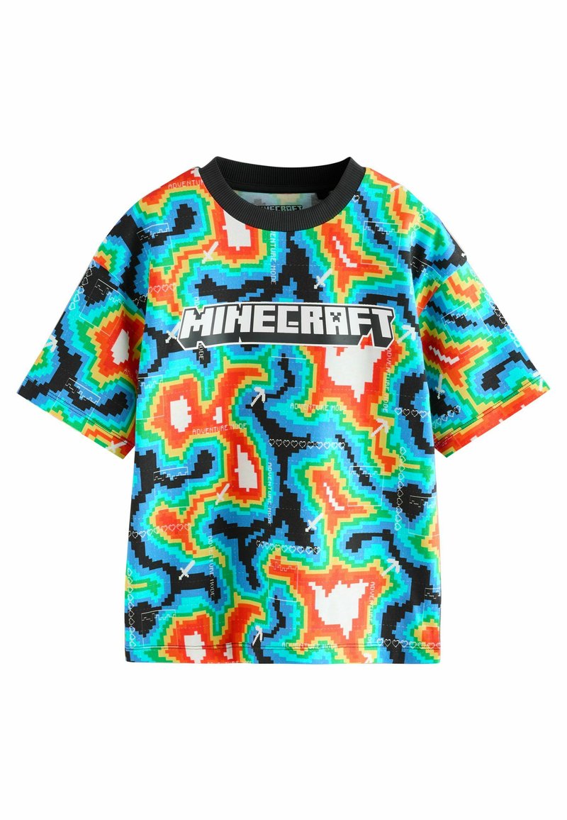 Kurzarm-Minecraft-T-Shirt mit lebhaftem, mehrfarbigem, pixeliertem Muster; schwarzer Kragen; mit dem auffälligen "MINECRAFT"-Logo in Weiß.
