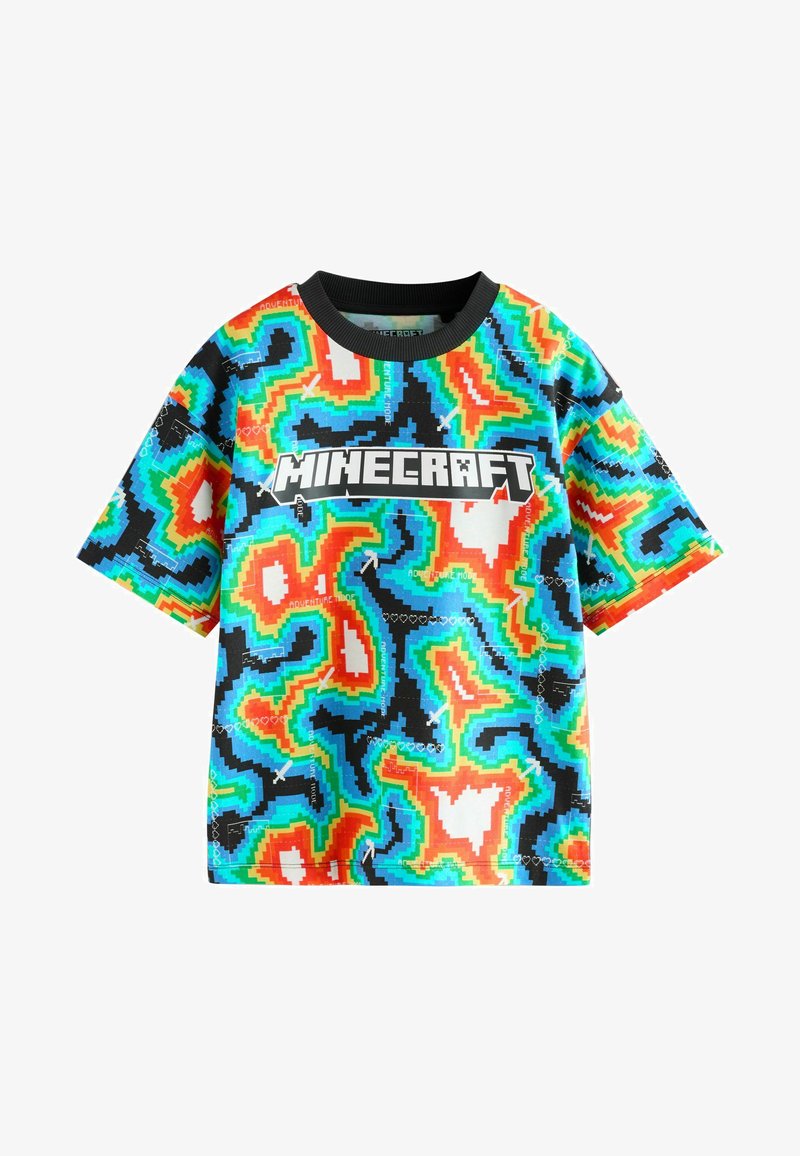 Kurzarm-Minecraft-T-Shirt mit lebhaftem, mehrfarbigem, pixeliertem Muster; schwarzer Kragen; mit dem auffälligen "MINECRAFT"-Logo in Weiß.