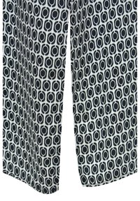 Schwarz-weißer Stoff mit einem geometrischen Muster aus konzentrischen Kreisen. Das Material wirkt leicht und hat eine glatte Textur.