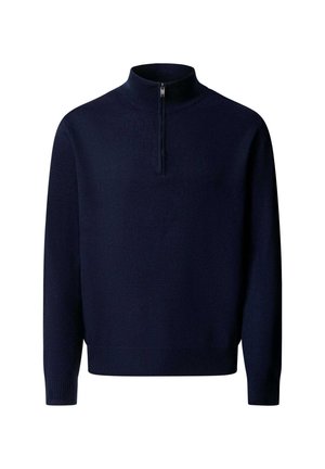 Jersey azul marino de manga larga con cuello tipo cisne y cremallera corta frontal, puños y dobladillo acanalados, textura de punto lisa.