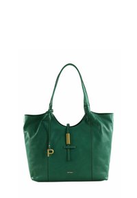 Sac fourre-tout en cuir vert avec une texture lisse, une large ouverture et un accent en matériel décoratif doré. Sangles d'épaule réglables.