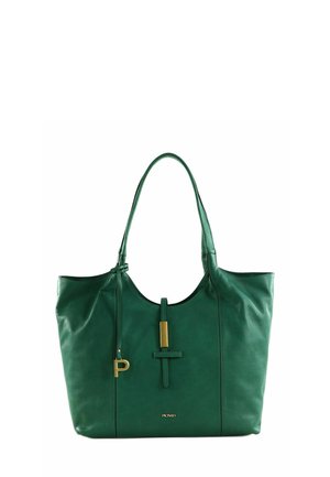 Sac fourre-tout en cuir vert avec une texture lisse, une large ouverture et un accent en matériel décoratif doré. Sangles d'épaule réglables.