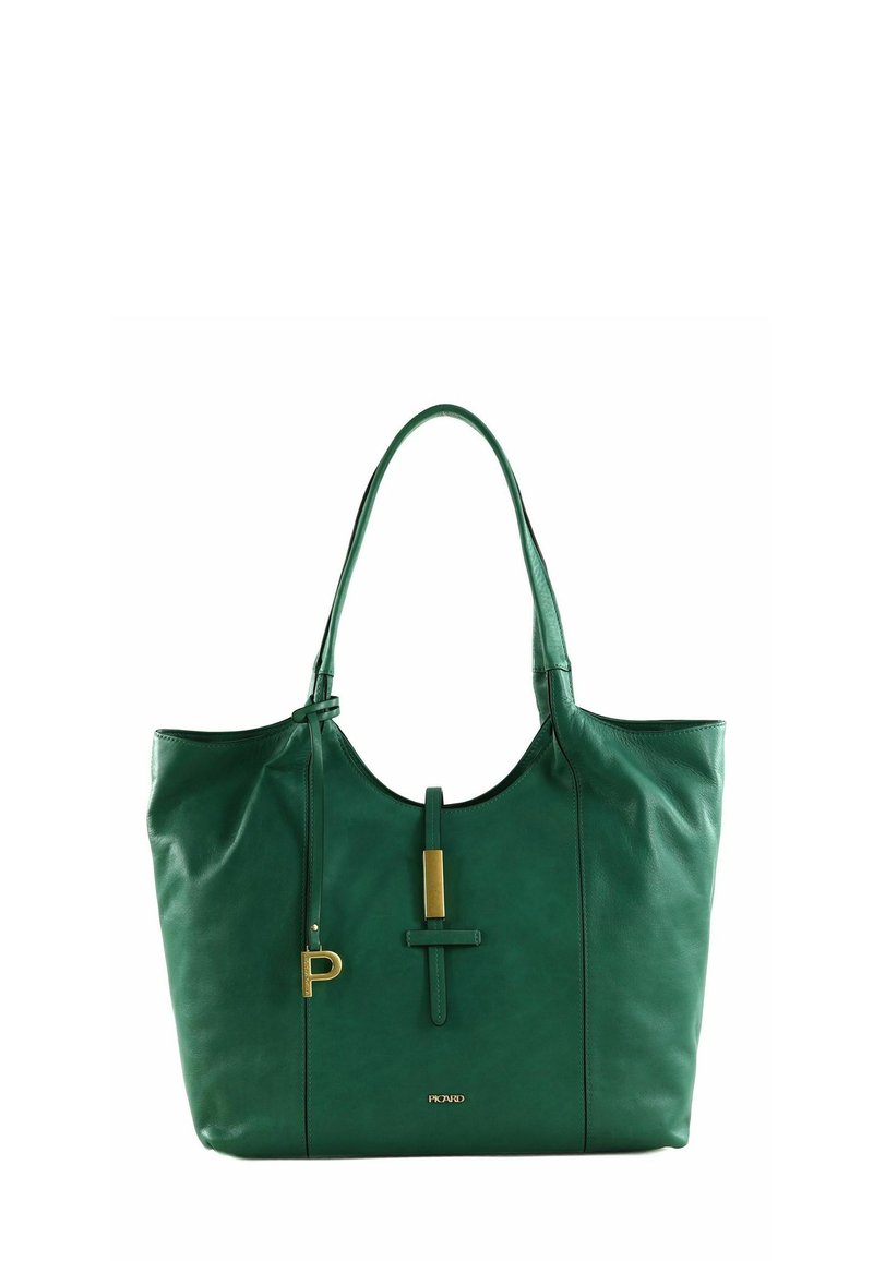 Sac fourre-tout en cuir vert avec une texture lisse, une large ouverture et un accent en matériel décoratif doré. Sangles d'épaule réglables.