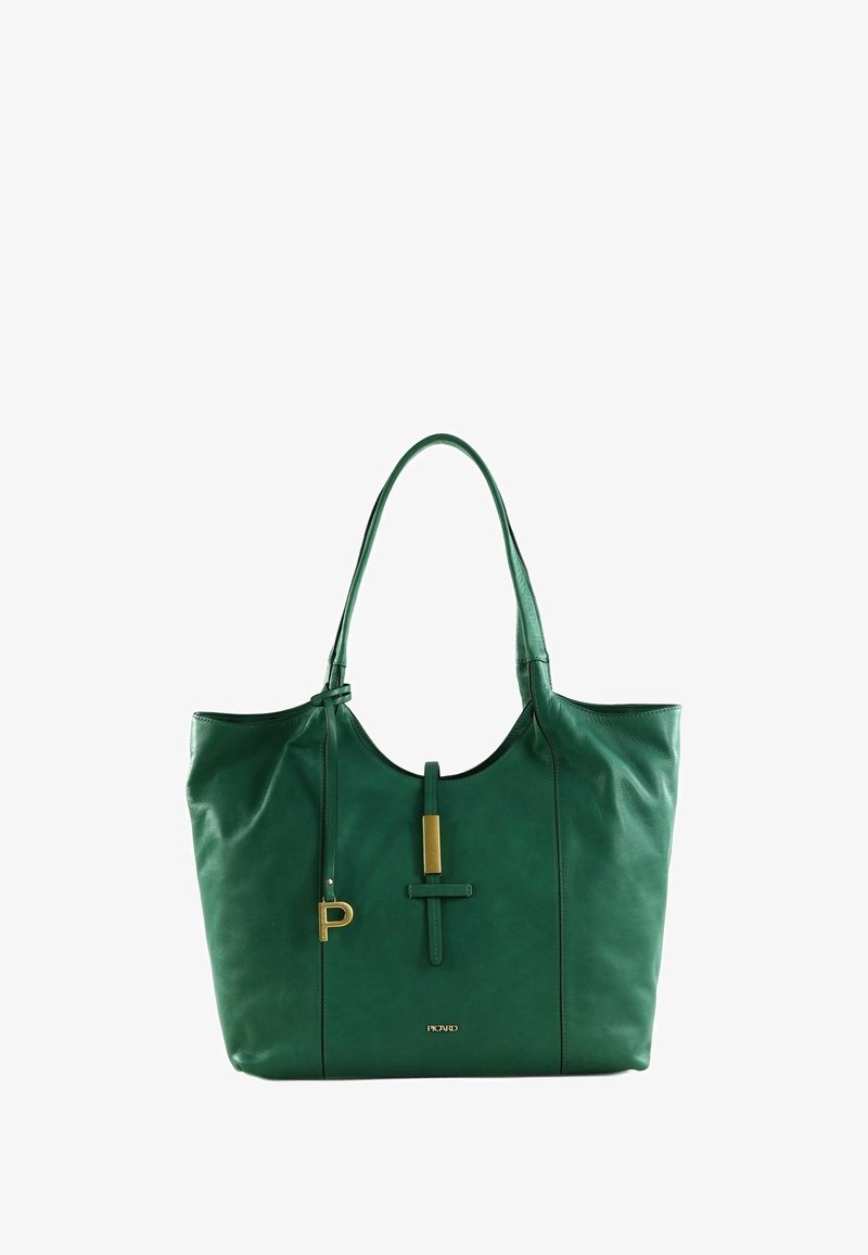 Sac fourre-tout en cuir vert avec une texture lisse, une large ouverture et un accent en matériel décoratif doré. Sangles d'épaule réglables.