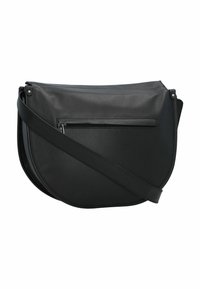 Borsa a tracolla nera in pelle con forma rotonda, tasca frontale con zip e tracolla regolabile. Texture liscia e design minimalista.