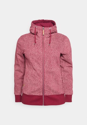 Damska kurtka z kapturem na zamek w kolorze czerwonym z białym abstrakcyjnym wzorem, sznurkami przy kapturze oraz jednolitymi czerwonymi mankietami i dołem.