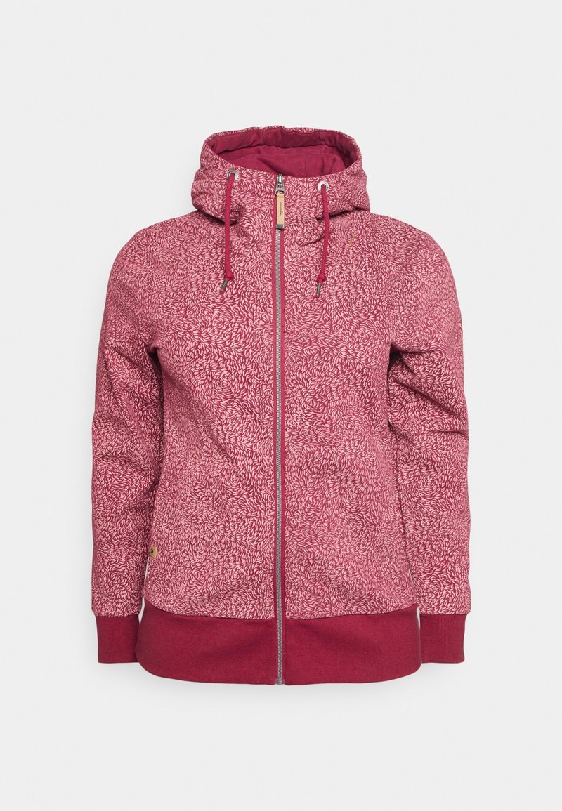 Veste à capuche zippée pour femme en rouge avec motif abstrait blanc, cordons de serrage sur la capuche, et poignets et ourlet unis rouges.