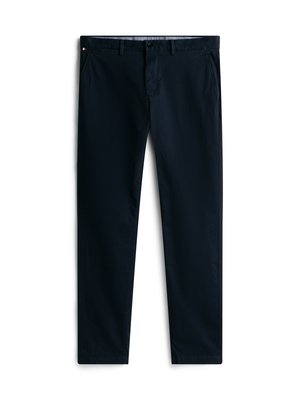 Marineblauwe broek van katoen met een gladde textuur. Voorzien van zijzakken, een knoopsluiting en een subtiele merklogo op de tailleband.