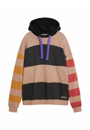 Hooded sweatshirt with horizontal stripes in pink, black, orange, and red. Features a drawstring accent and soft fabric texture.