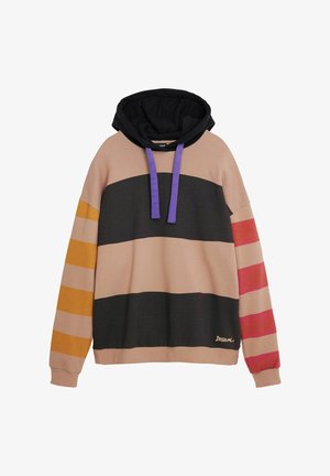 Hooded sweatshirt with horizontal stripes in pink, black, orange, and red. Features a drawstring accent and soft fabric texture.