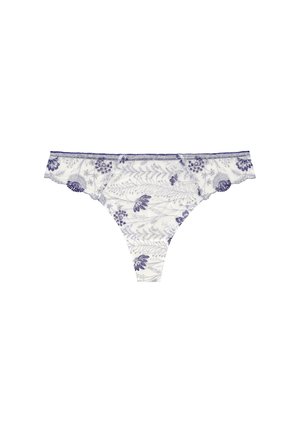 String blanc en dentelle avec broderie florale violette, bords froncés et une ceinture délicate. Tissu doux avec un motif complexe.