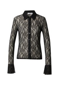 Zwarte lange mouwen kant blouse met bloemenpatroon, knoopsluiting aan de voorkant, puntige kraag en brede kanten manchetten.