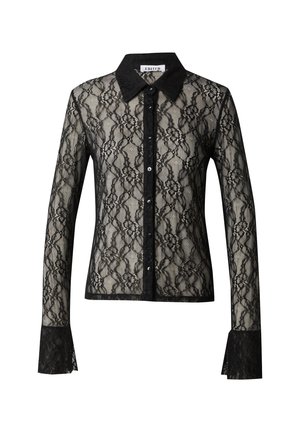 Schwarze lange Ärmel Spitzenbluse mit Floral-Muster, Knopfverschluss vorne, spitzen Kragen und breiten Spitzenmanschetten.