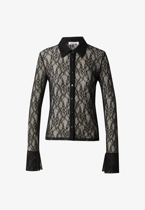Black long-sleeve lace blouse with floral pattern, button-down front, pointed collar, and wide lace cuffs.