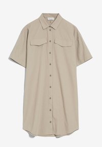 Chemise beige à manches courtes avec un devant à boutons, deux poches poitrine et un col classique. Fabriquée en tissu léger avec une texture lisse.