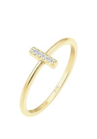 Guldring med en tynd skinner og en vandret stangaccent sat med fem små klare sten. Markeret med '375' for guldrenhed.