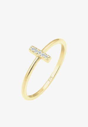 Guldring med en tynd skinner og en vandret stangaccent sat med fem små klare sten. Markeret med '375' for guldrenhed.