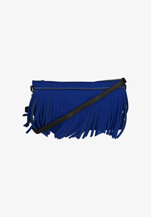 Borsa a pochette blu con frange, realizzata in materiale testurizzato, con una tracolla nera solida. Presenta una chiusura con zip e un lungo dettaglio di frange verticali.