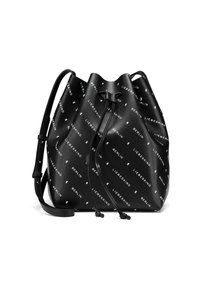 Borsa a secchiello nera realizzata in materiale sintetico liscio, con una stampa bianca di "LIEBESKIND BERLIN". Tracolla regolabile e chiusura a coulisse.