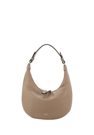 Beige leather handbag with a curved shape and a short adjustable handle, featuring a small "abro" logo near the bottom center.
